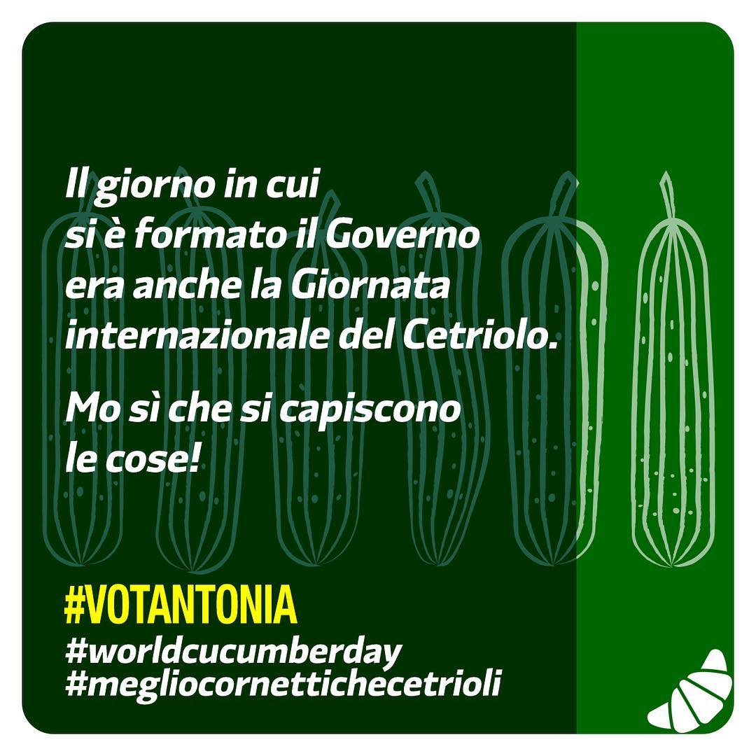 Il giorno in cui si è formato il Governo era anche la Giornata internazionale del Cetriolo.
Mo sì che si capiscono le cose! 
#votantonia #votantoniapremier #worldcucumberday #megliocornettichecetrioli